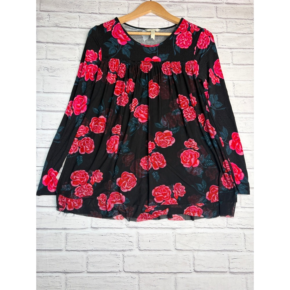 Matilda Jane Rose Floral Mesh Overlay Tunic Top Black Pink XS